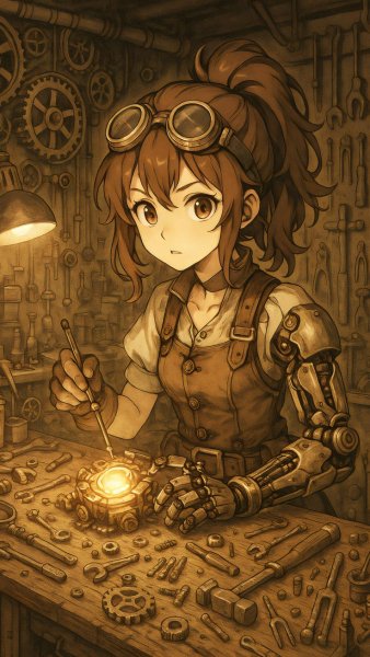 Steampunk girl with goggles and mechanical arms