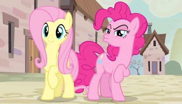 Fluttershy happy and Pinkie distrusting