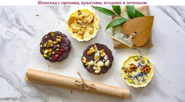 Шоколад с орехами, цукатами, ягодами и печеньем