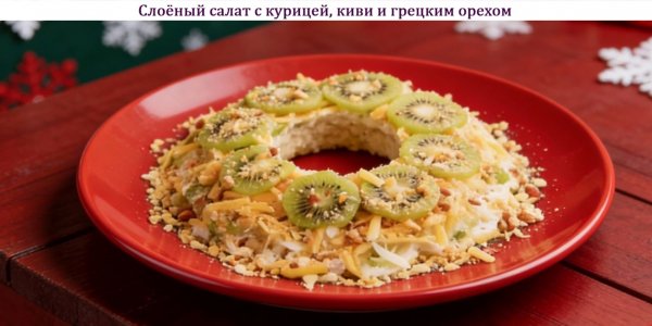 Слоёный салат с курицей, киви и грецким орехом