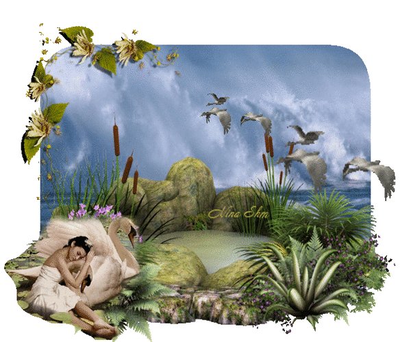 Анимированная открытка лебеди и девушка