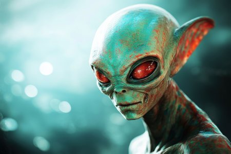 an alien being stands with striking red eyes