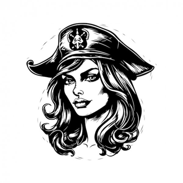 female pirate vintage art concept black white colo
