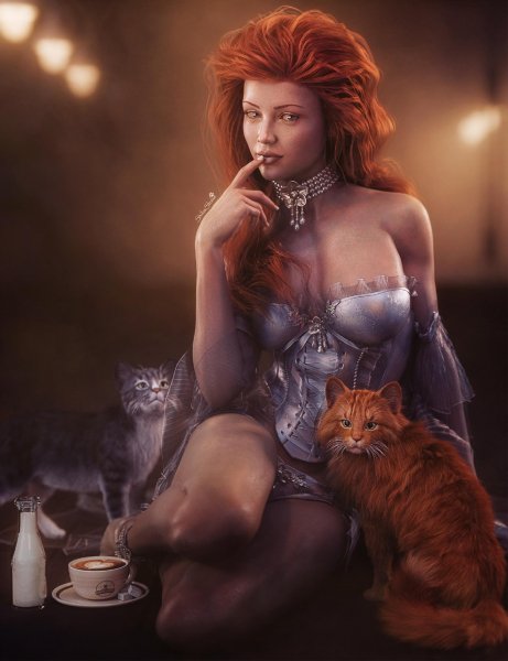 Sexy Red Head Woman Girl Pinup Art Fantasy Image Cats Picture