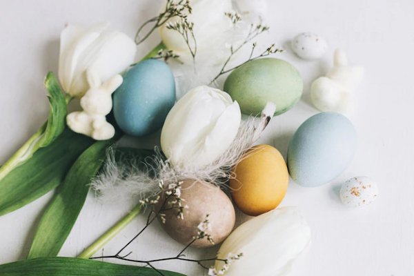 1happy easter stylish easter eggs tulips rustic white woden