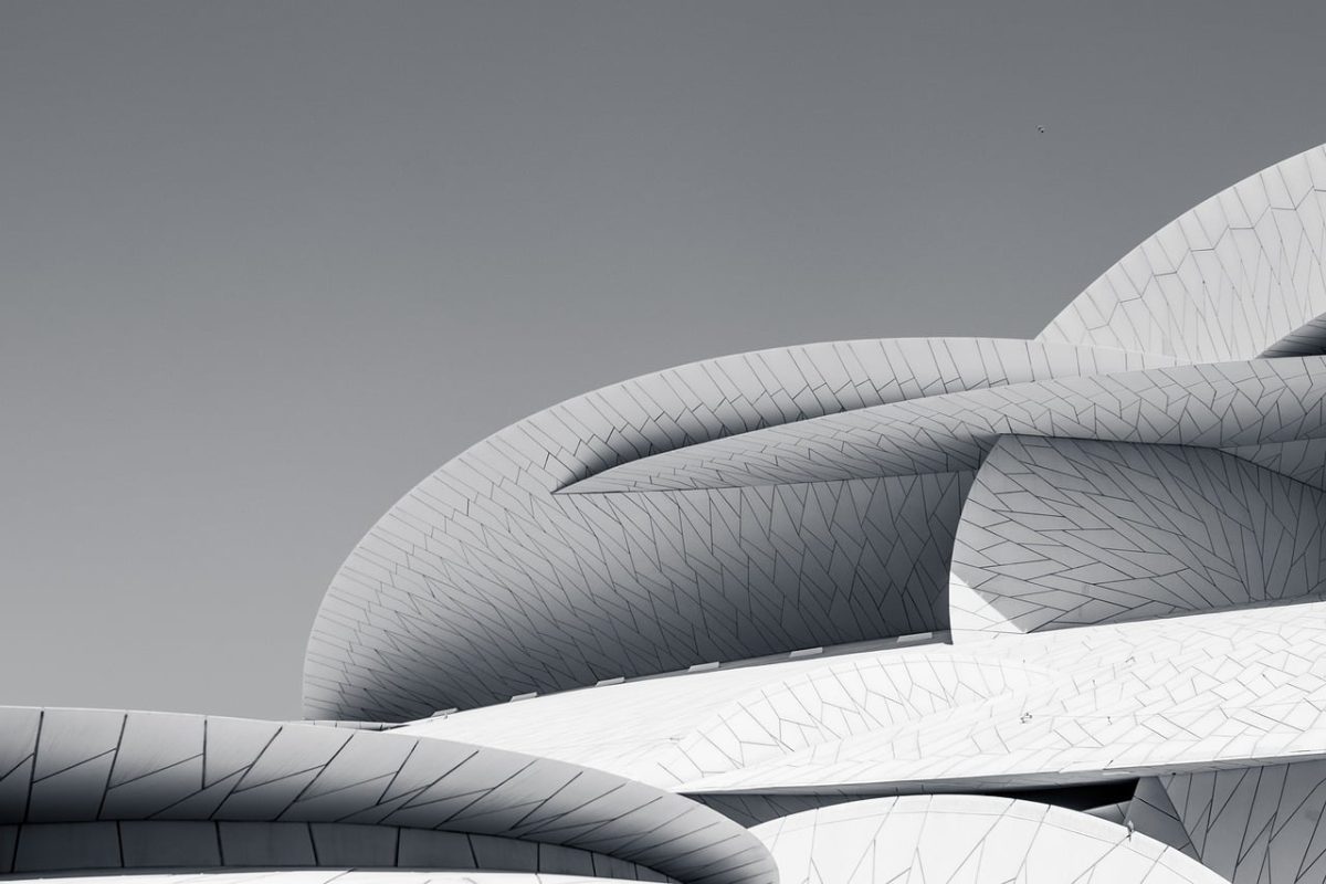national museum of qatar, architecture, modern, curved, desert rose, doha, futuristic, blue sky, facade, monochromatic, design, qatar, art, islamic architecture, innovative design, avant-garde, museum, stone slabs, islamic art, nature, desert