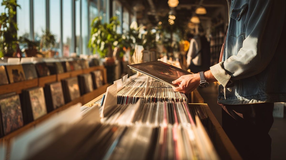 vinyl, store, record, music, shop, person, browsing, hand, album, collection, entertainment, culture, retro, vintage, lifestyle, retail, indoor, selection, display, shelf, choice, hobby, audio, sound, ai generated