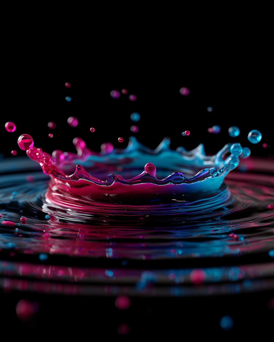 water, splash, liquid, drop, blue, pink, color, vibrant, motion, dynamic, ripple, surface, wave, abstract, texture, freshness, clean, cool, dark, art, design, flow, energy, nature, ai generated