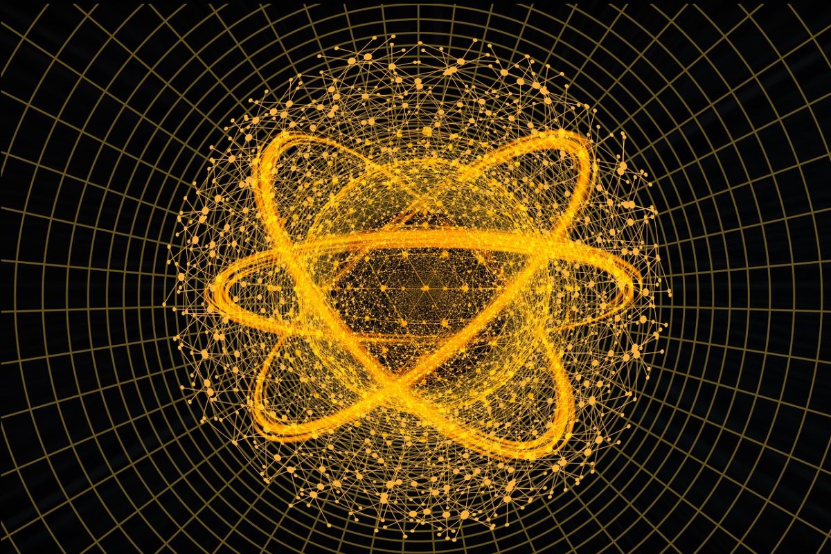 ai generated, quantum computing, entanglement, atom, science, energy, physics, gold, glowing, electrons, nucleus, particles, grid, technology, power, orbit, light, digital, scientific, research, quantum, dynamic, abstract