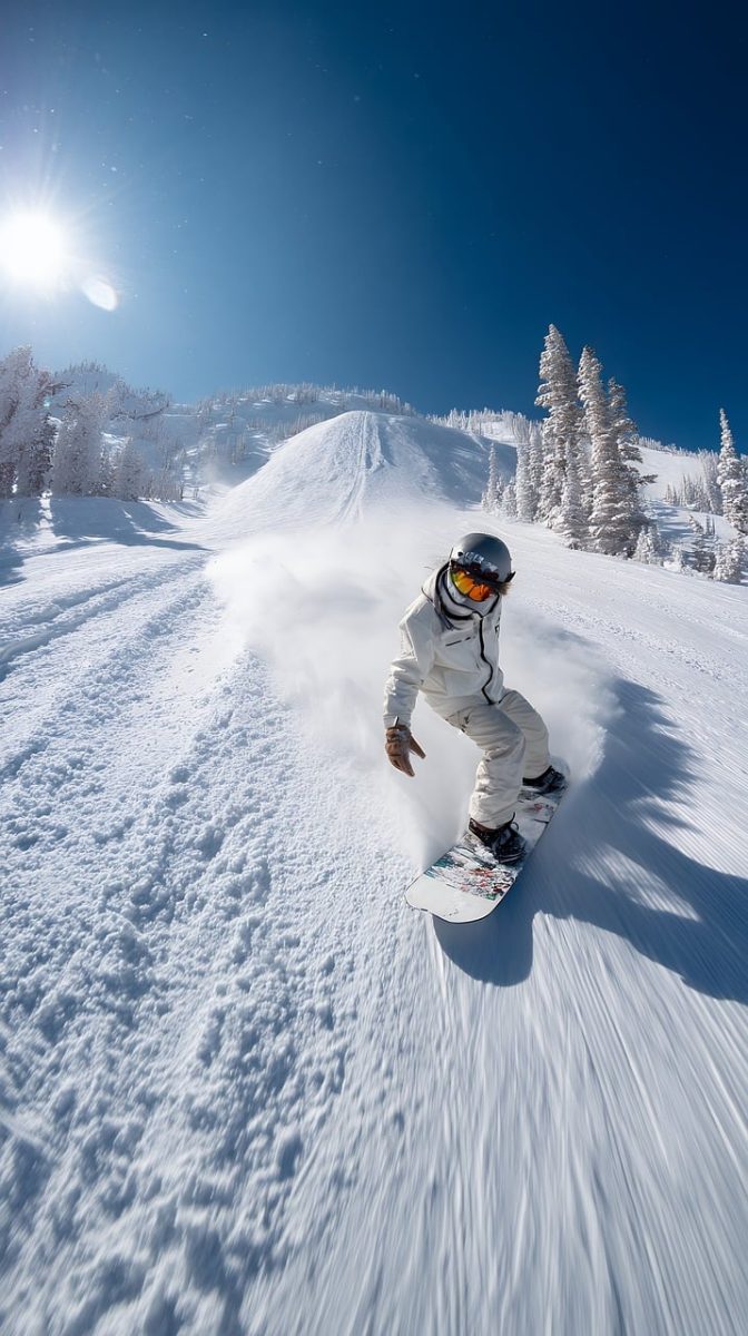 snowboarder, snowboarding, snow, mountain, winter, sport, action, extreme, downhill, ride, slope, white, speed, fun, cold, season, activity, recreation, outdoor, landscape, sky, blue, ai generated