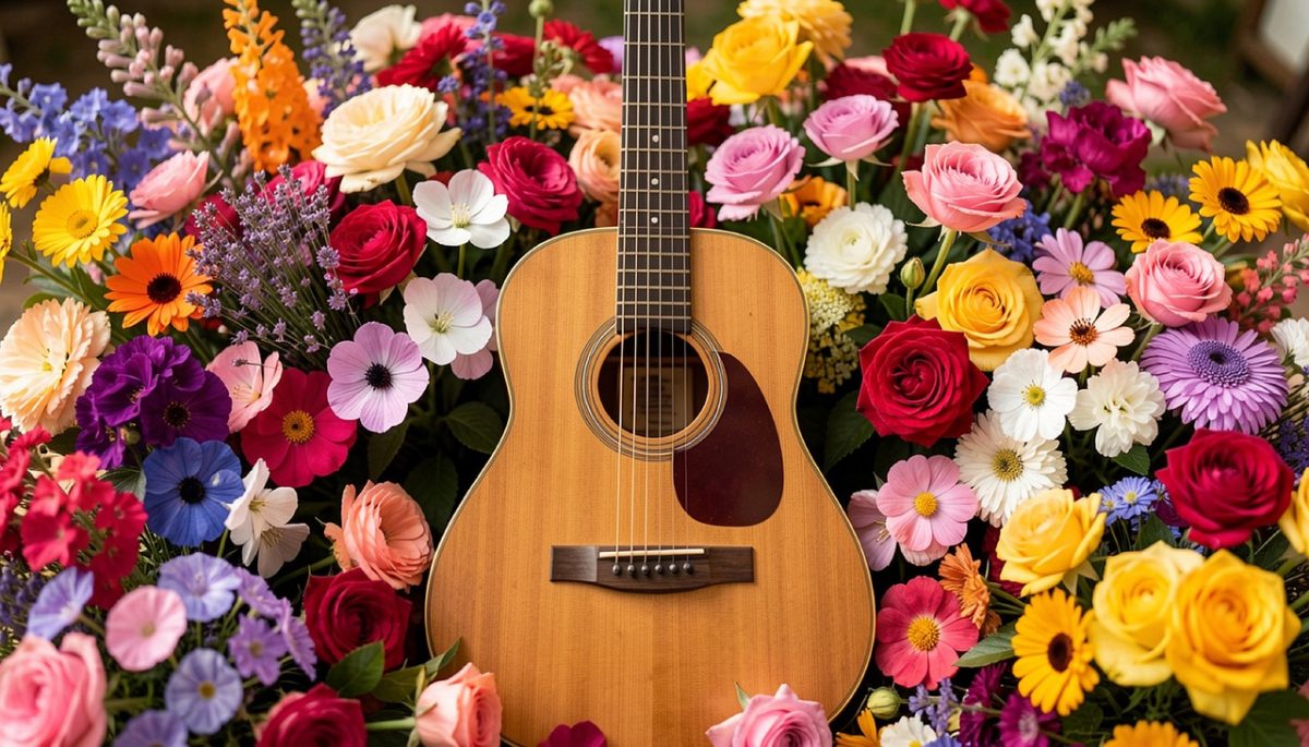 viola, violin, guitar, nature, music, violet, objects, instrument, song, sound, guitarist, acoustic, flor, flores, ai generated