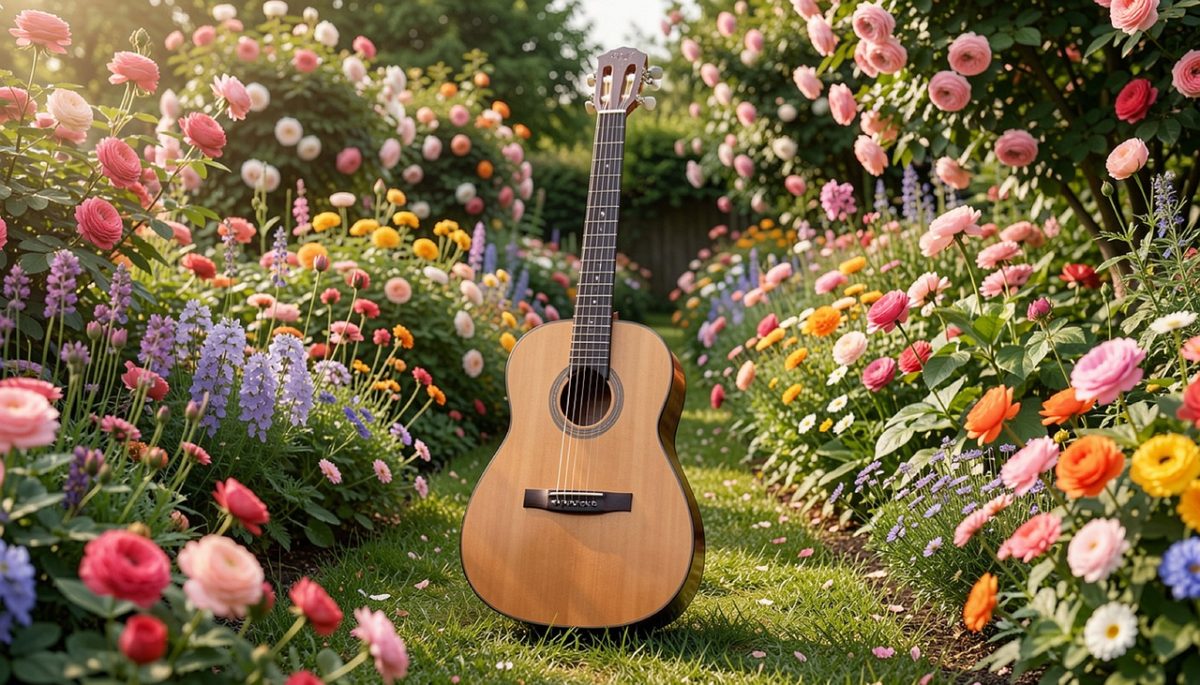 viola, violin, guitar, nature, music, violet, objects, instrument, song, sound, guitarist, acoustic, flor, flores, ai generated