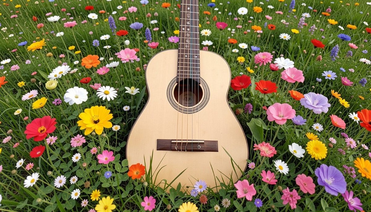 viola, violin, guitar, nature, music, violet, objects, instrument, song, sound, guitarist, acoustic, flor, flores, ai generated