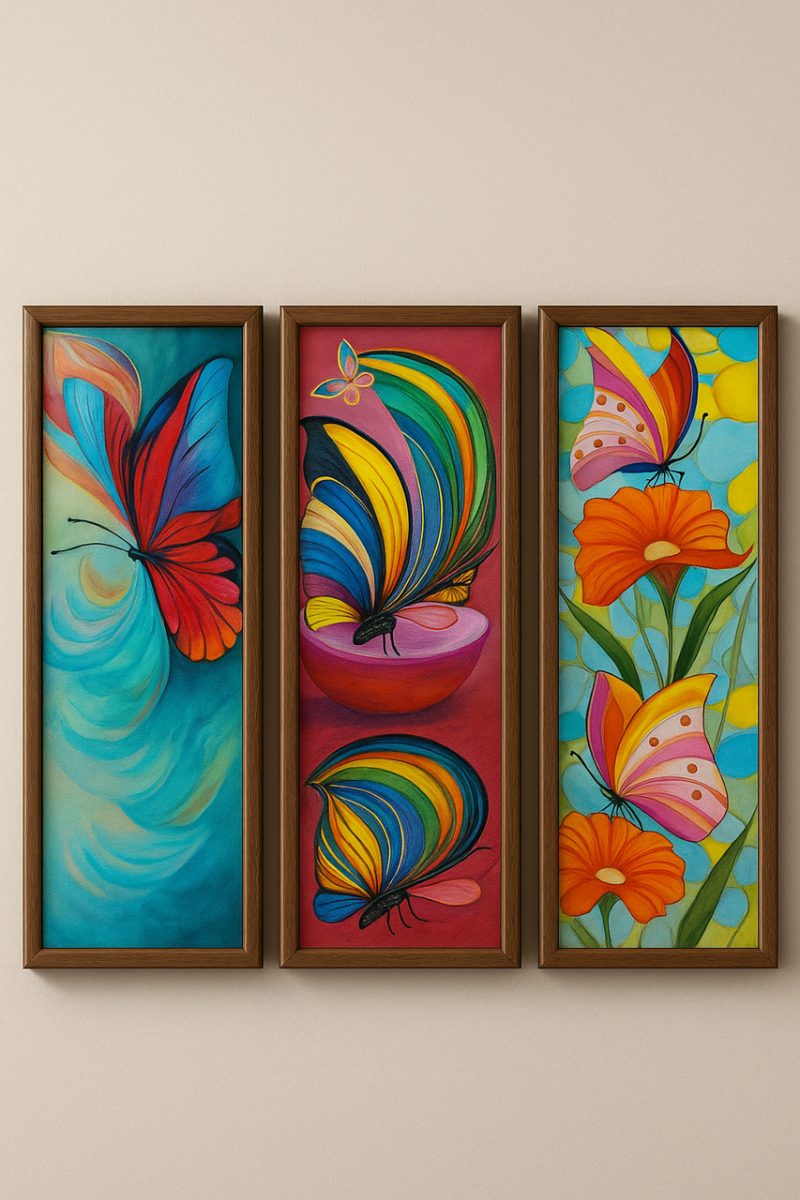 butterflies, artworks, painting, modern art, bright colors, abstract art, decorative art, red flowers, orange background, butterfly art, colorful pattern, various styles, home decor, spiritual themes, nature themes, wall art, red and orange, unique decoration, artistic frames