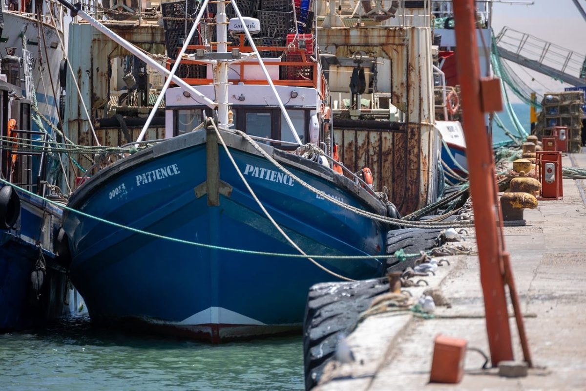 boat, harbor, fishing boat, coast, docking, namibian coast, blue color, dinghy, machinery, offshore, port city, seaport, marine location, vessel, mooring, stern, cabin, maritime, helm