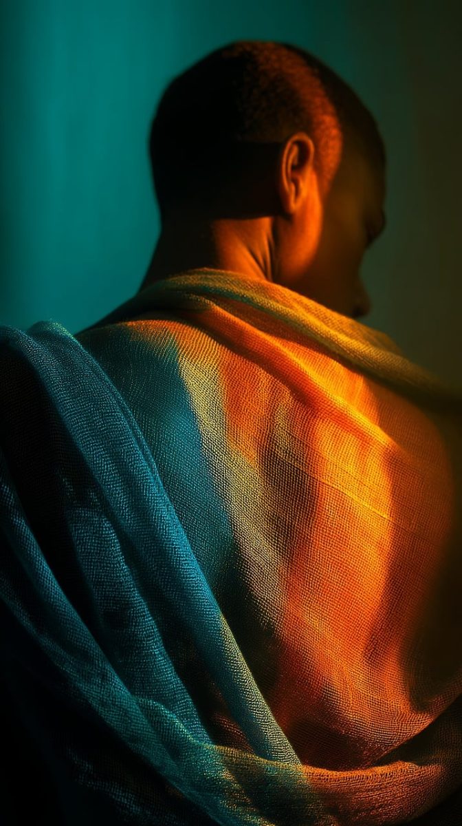 man, fabric, drape, light, colorful, portrait, abstract, skin, shoulder, back, male, person, blue, orange, yellow, texture, shadow, indoor, model, human, head, bald, pose, ai generated