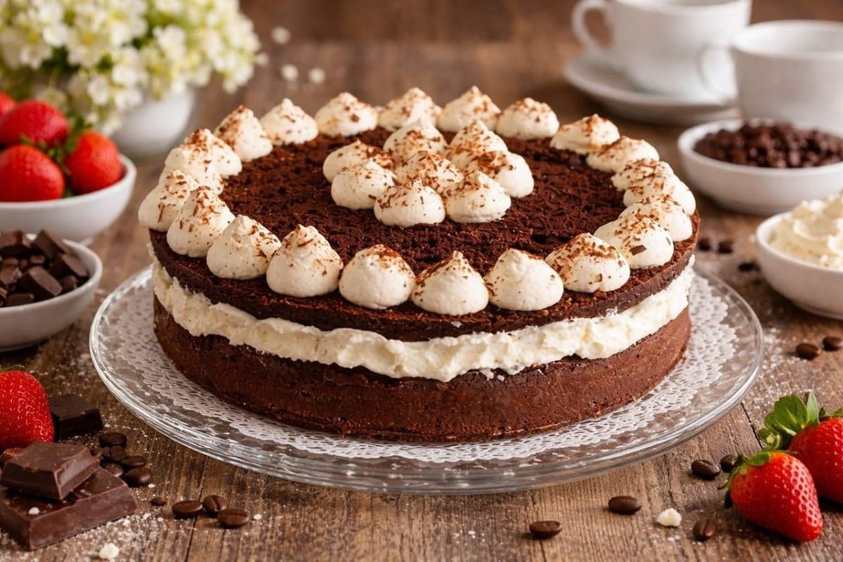 chocolate cake, whipped cream, strawberries, wooden table, dessert, lazy day, café, patisserie, flowers, nature, teacups, flower background, flower wallpaper, hot chocolate, festive, bread box label, beautiful flowers, chocolate shavings, sweet treat, sweet delight