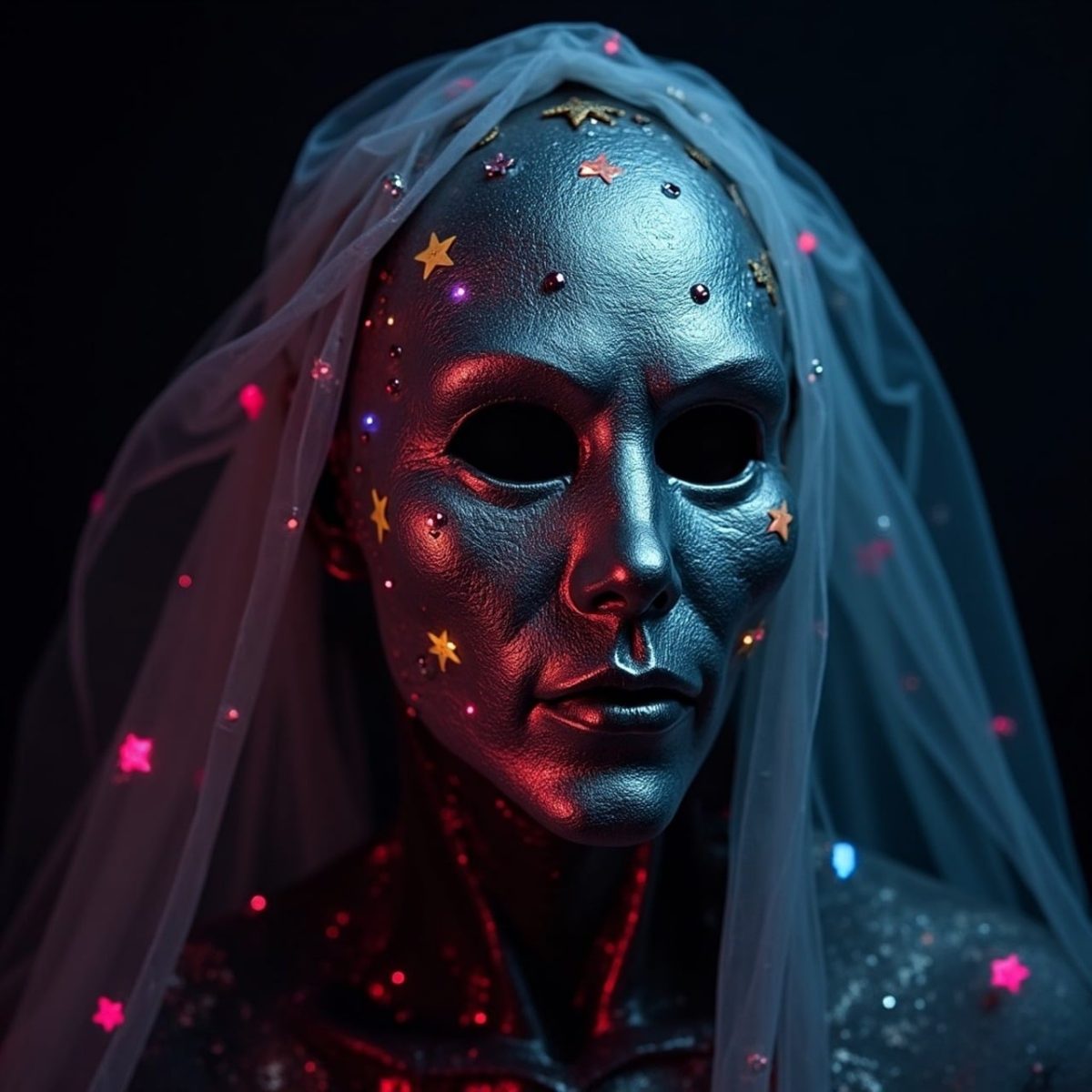 alien, mask, veil, futuristic, fantasy, art, sculpture, neon, decadent, mysterious, sci-fi, universe, glittery, colorful, scary, stars, fantastic, mosaic, starry, extraterrestrial, metallic