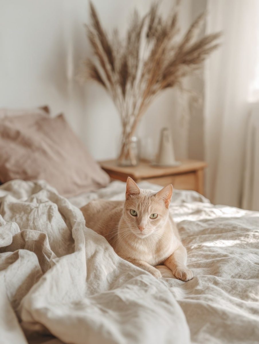 cat, feline, home, cosiness, aesthetics, bedroom, pet, bed, morning, aesthetic, thoroughbred, beige, animal, ai generated