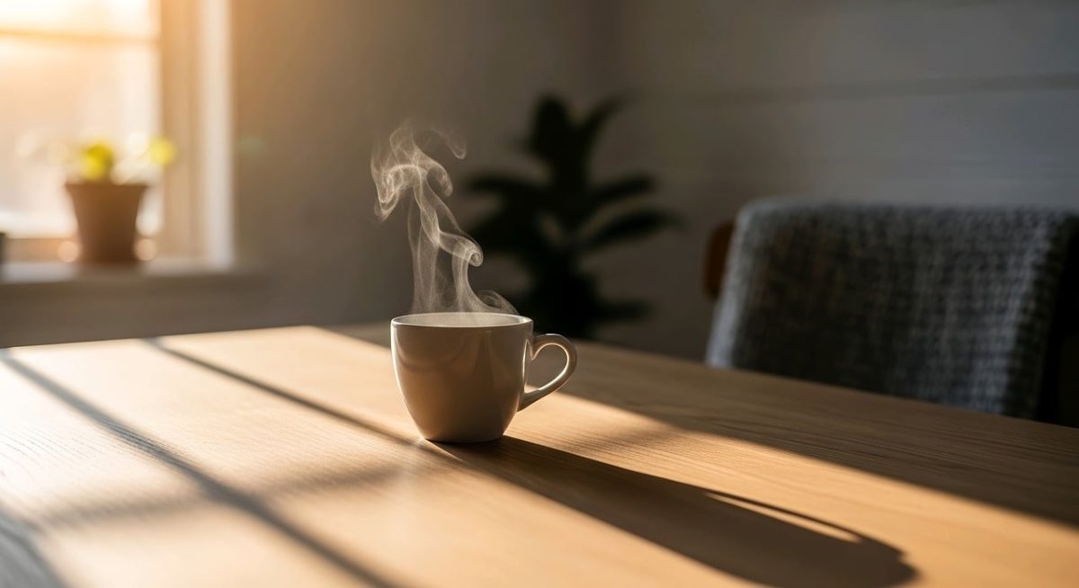 coffee, breakfast, morning, cup, steam, hot, caffeine, table, sunlight, wood, lifestyle, cozy, drink, espresso, latte, aroma, relaxation, shadow, window, mug, interior, beverage, coffee cup, still life, minimalist, atmosphere, ai generated