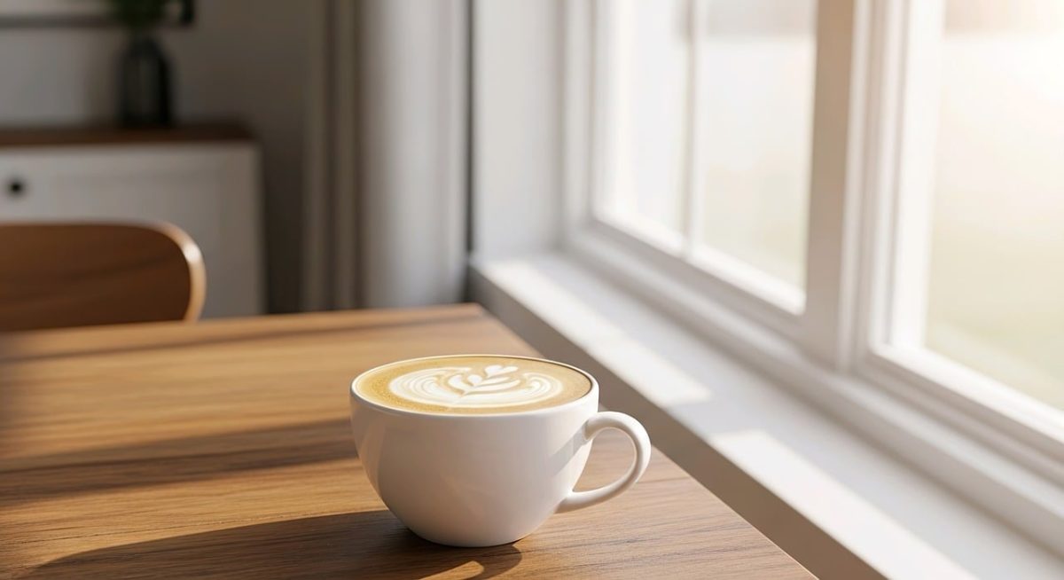coffee, breakfast, coffee cup, morning, cup, steam, hot, caffeine, table, sunlight, wood, lifestyle, cozy, drink, espresso, latte, aroma, relaxation, shadow, window, mug, interior, beverage, still life, minimalist, atmosphere, ai generated