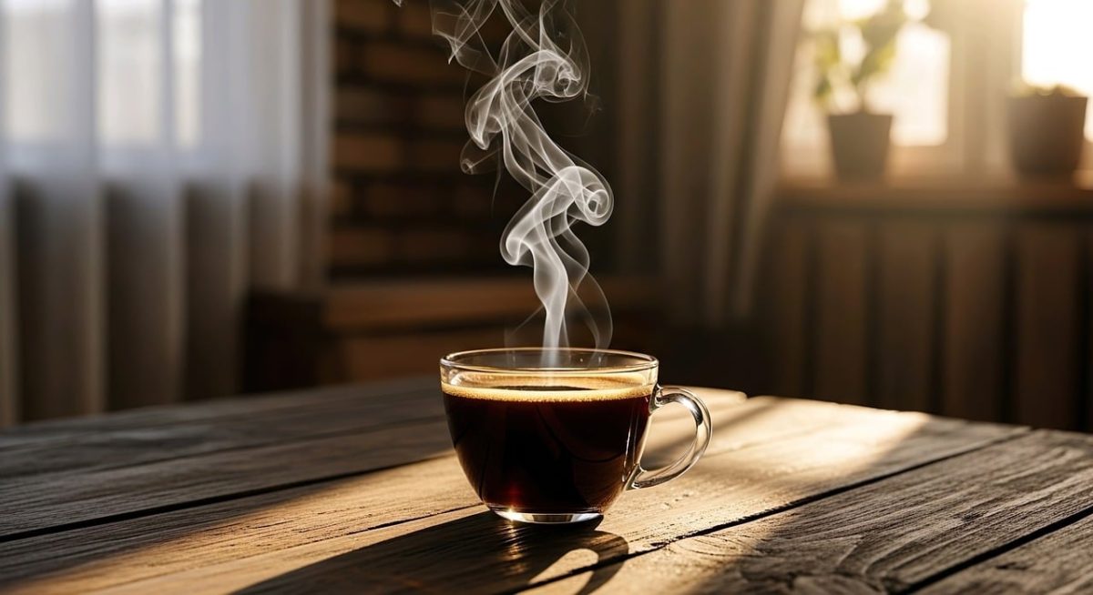 coffee, breakfast, morning, cup, steam, hot, caffeine, table, sunlight, wood, lifestyle, cozy, drink, espresso, latte, aroma, relaxation, shadow, window, mug, interior, beverage, still life, minimalist, coffee cup, atmosphere, ai generated
