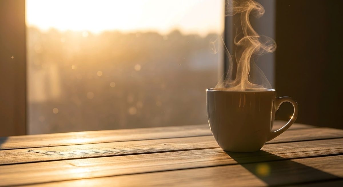 morning, table, coffee, breakfast, coffee cup, cup, steam, hot, caffeine, sunlight, wood, lifestyle, cozy, drink, espresso, latte, aroma, relaxation, shadow, window, mug, interior, beverage, still life, minimalist, atmosphere, ai generated