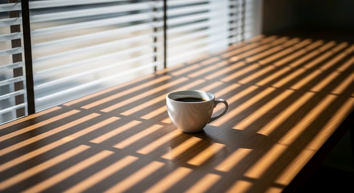 coffee, breakfast, morning, cup, steam, hot, caffeine, table, sunlight, wood, lifestyle, cozy, drink, espresso, latte, aroma, relaxation, shadow, window, mug, interior, coffee cup, beverage, still life, minimalist, atmosphere, ai generated