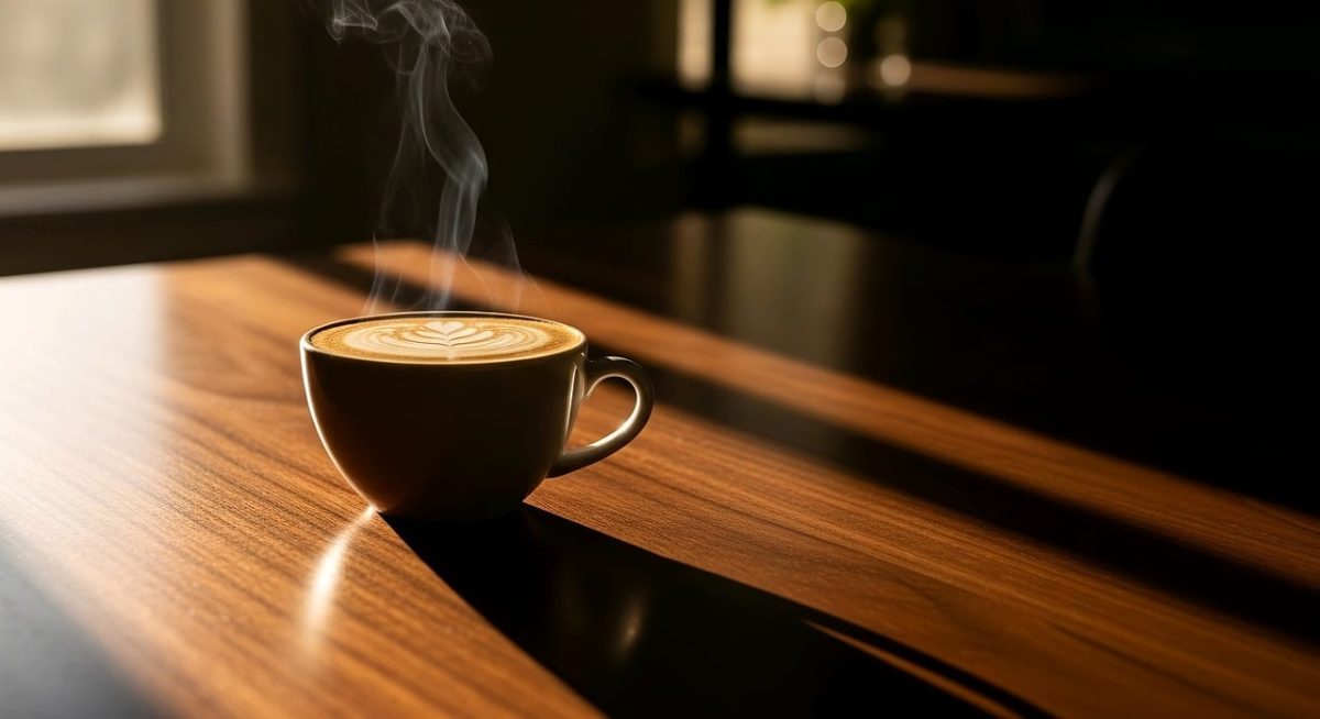 coffee, breakfast, morning, cup, steam, hot, caffeine, coffee cup, table, sunlight, wood, lifestyle, cozy, drink, espresso, latte, aroma, relaxation, shadow, window, mug, interior, beverage, still life, minimalist, atmosphere, ai generated