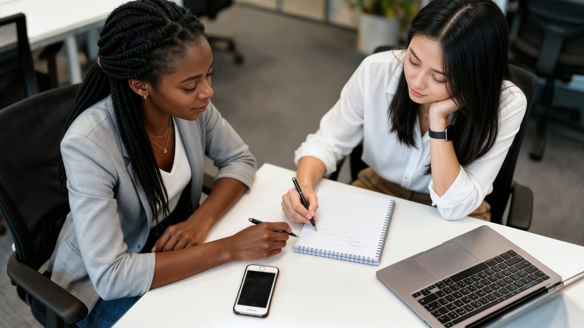 women, office, job, team, portable, notebook, writing, business, professional, sitting, white, gray, black, study, meeting, creativity, success, career, friendship, co-working, technology, generated by ai