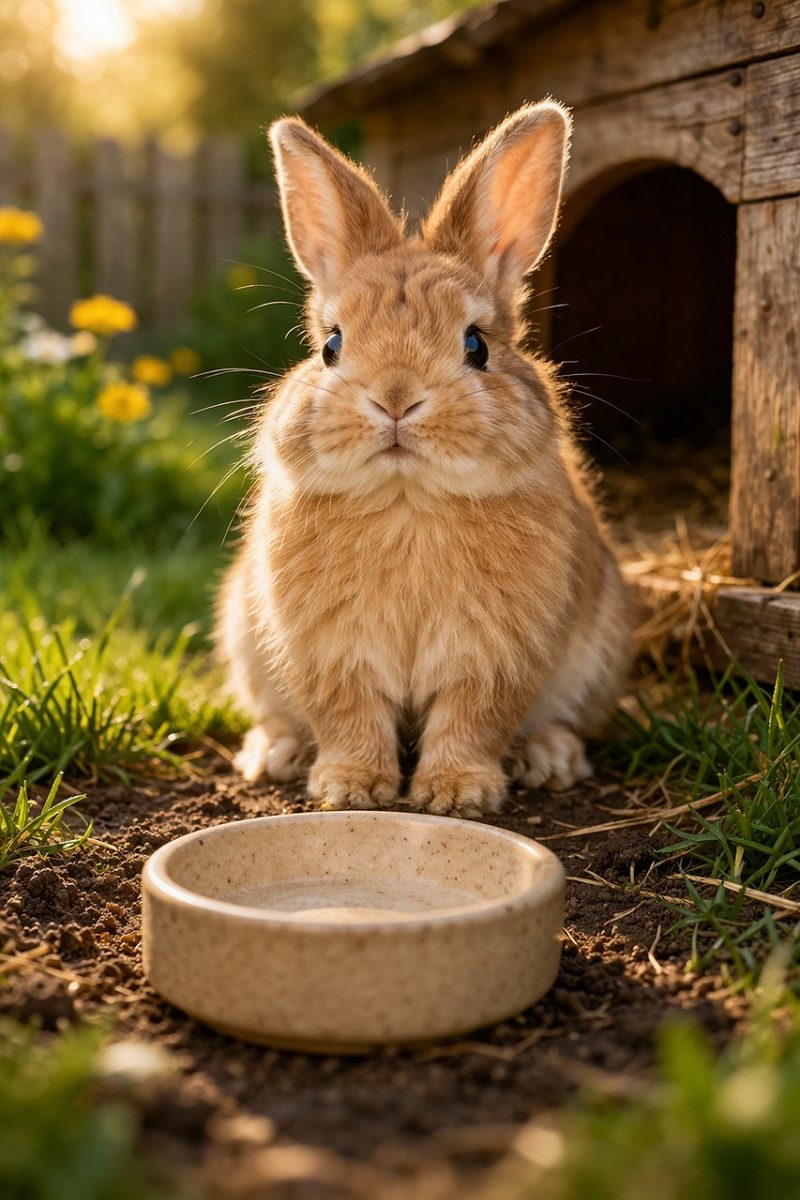 rabbit, nature, cute, pet, fluffy, carrot, natural light, outdoor, pet bowl, hungry, garden, furry, waiting, peaceful, animal photography, wooden shelter, sunny day, grass, fence, dandelion, hole