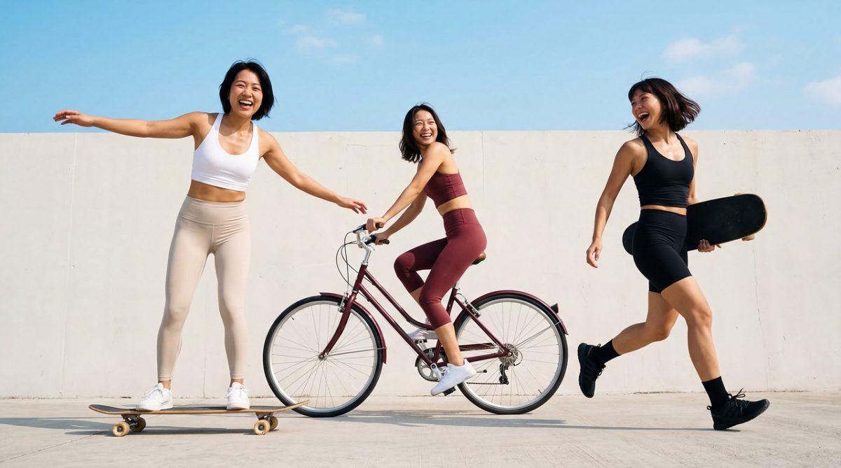 exercise, motivation, outdoor, fun, friends, happiness, community, balance, cycling, longboard, laughing, friendship, active, sneakers, pants, self-irony, urban, women, bicycle, ai generated