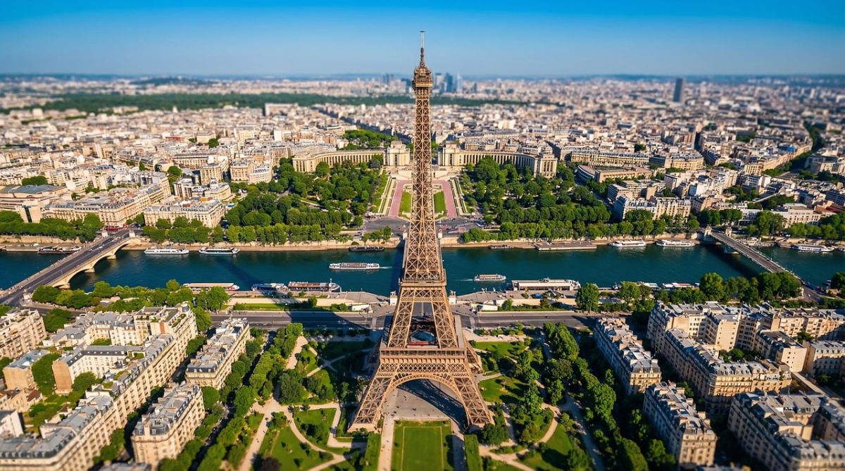 eiffel tower, paris, france, aerial view, seine river, champ de mars, trocadéro, cityscape, landmark, architecture, urban, tourism, travel, iron structure, park, gardens, bridges, summer, blue sky, panorama, ai generated