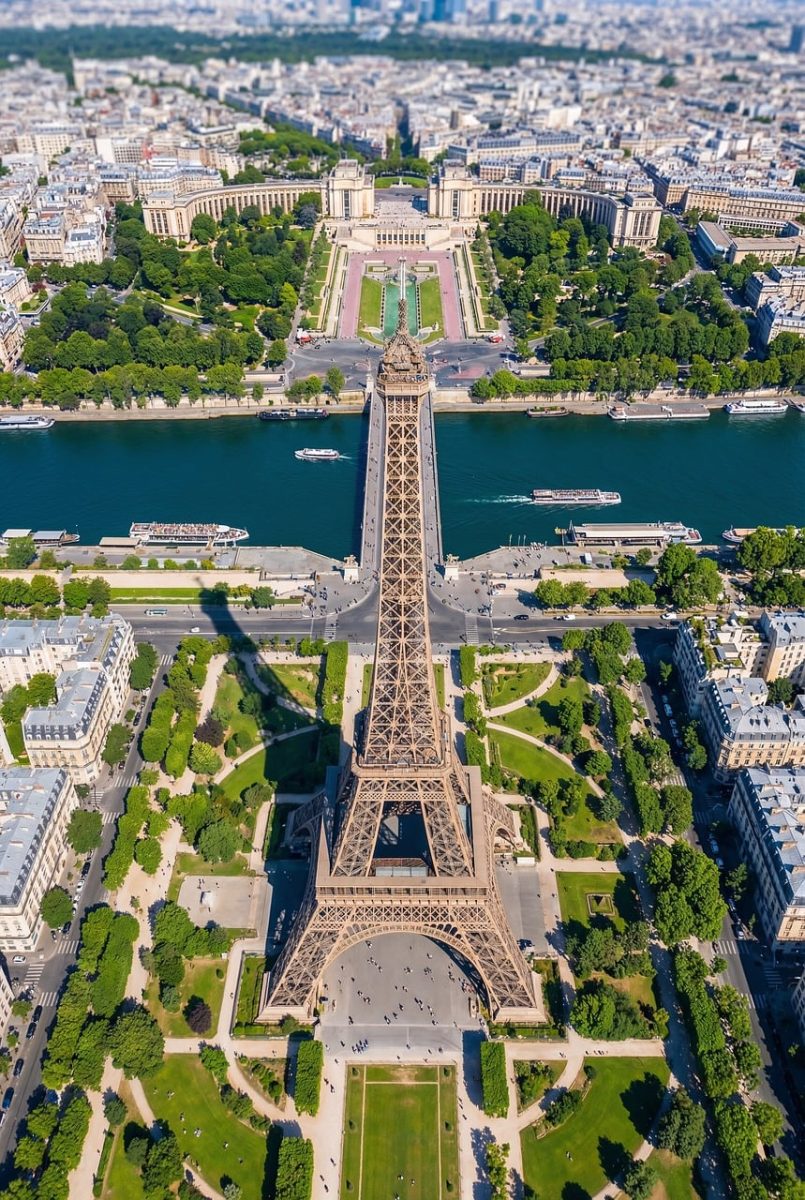eiffel tower, paris, france, aerial view, seine river, champ de mars, trocadéro, cityscape, landmark, architecture, urban, tourism, travel, iron structure, park, gardens, bridges, summer, blue sky, panorama, ai generated