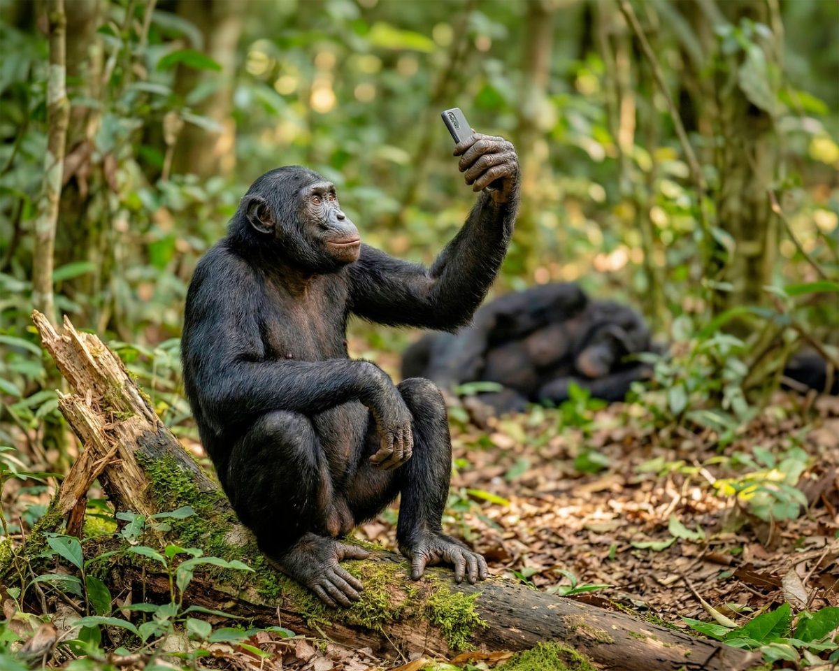 chimpanzee, monkey, primate, jungle, forest, nature, animal, wild animals, selfie, smartphone, technology, funny, smart, intelligent, pose, tree trunk, moss, green, tropical, humour, ai generated