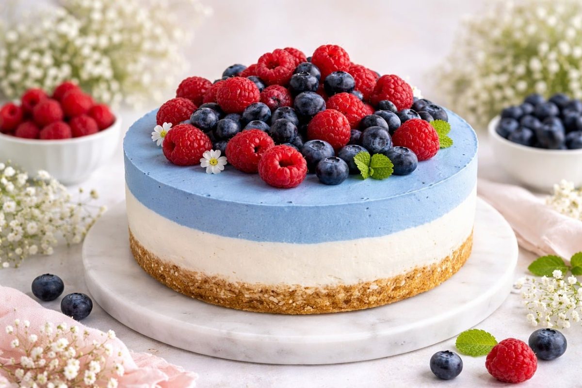 cake, cheese, cheesecake, raspberry, blueberry, fruit, summer, fresh, dessert, decorative, festive, bakery, cold, nature, white flowers, garnished, foodie, feast, imitation, gracefulness