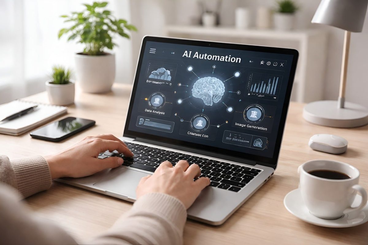 artificial intelligence, automation, nature, machine learning, laptop, workspace, modern design, remote work, desk, productivity, digital workflow, neutral tones, natural lighting, professional, home office, coffee cup, plant, creative workspace, teamwork, office plant