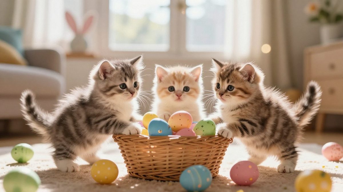 kittens, easter eggs, basket, spring, cute, natural light, home, celebration, toys, interior, cat, colorful, festive, animals, play, entertainment, child, young, joyful, curious, ai generated