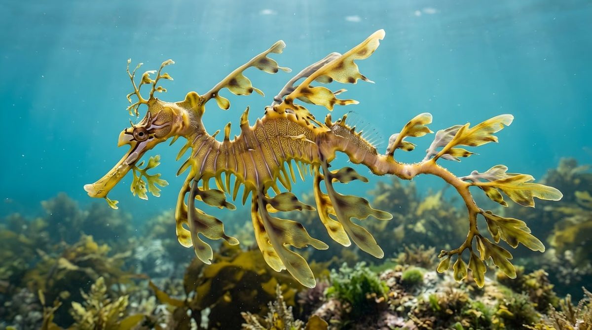 seadragon, leafy, underwater, water, camouflage, creature, wildlife, fish, diving, coral reef, kelp, ecosystem, nature, aquarium, beautiful, exotic, vibrant, patterned, ornate, swimming