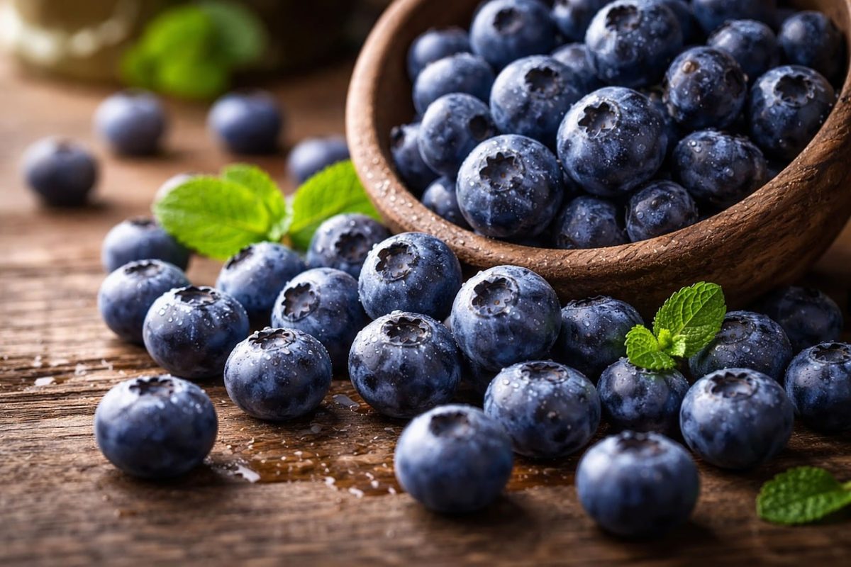 blueberries, fruit, mint, wooden bowl, healthy food, fresh blueberries, farmers market, summer fruit, dessert, vintage background, organic food, natural products, rustic style, vitality, food on board, colorful food, sweet taste, antioxidants, vitamin c