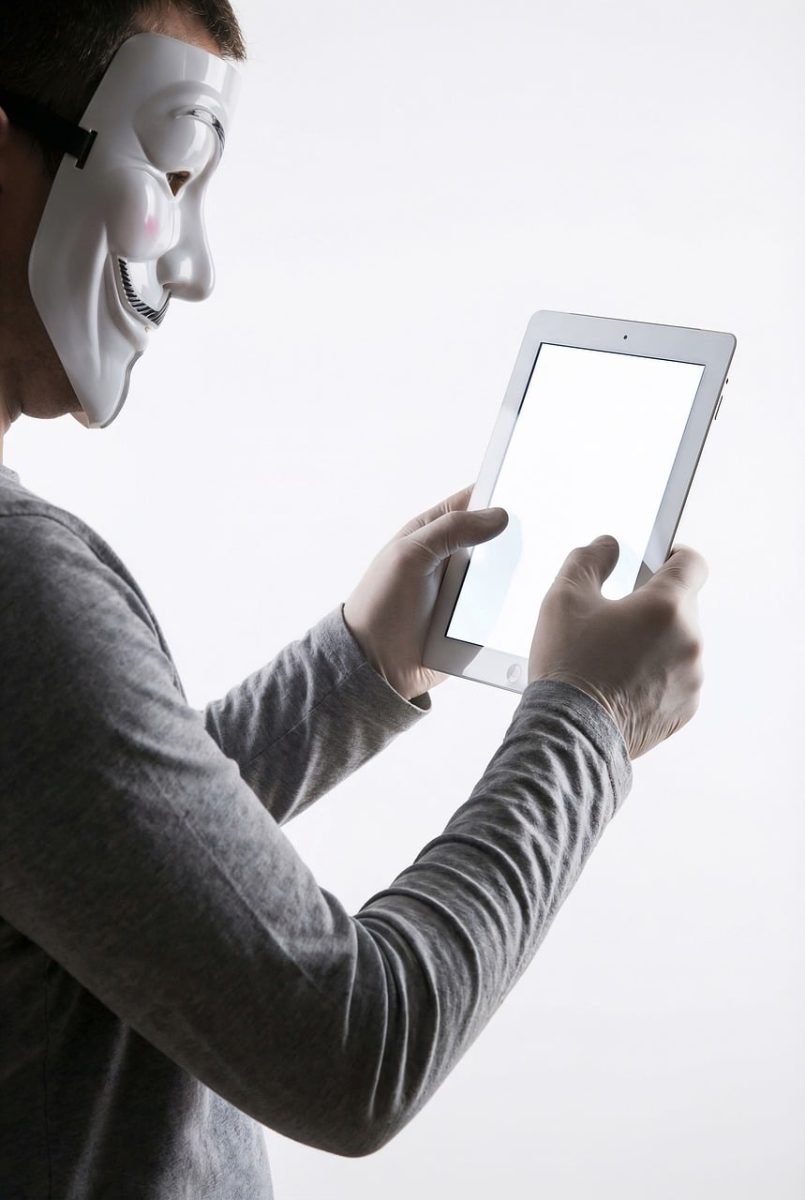 anonymous, mask, tablet, technology, privacy, internet, hacking, security, digital, white, identity, communication, device, hands, activism, cyber, mystery, minimalist, user, connection, ai generated