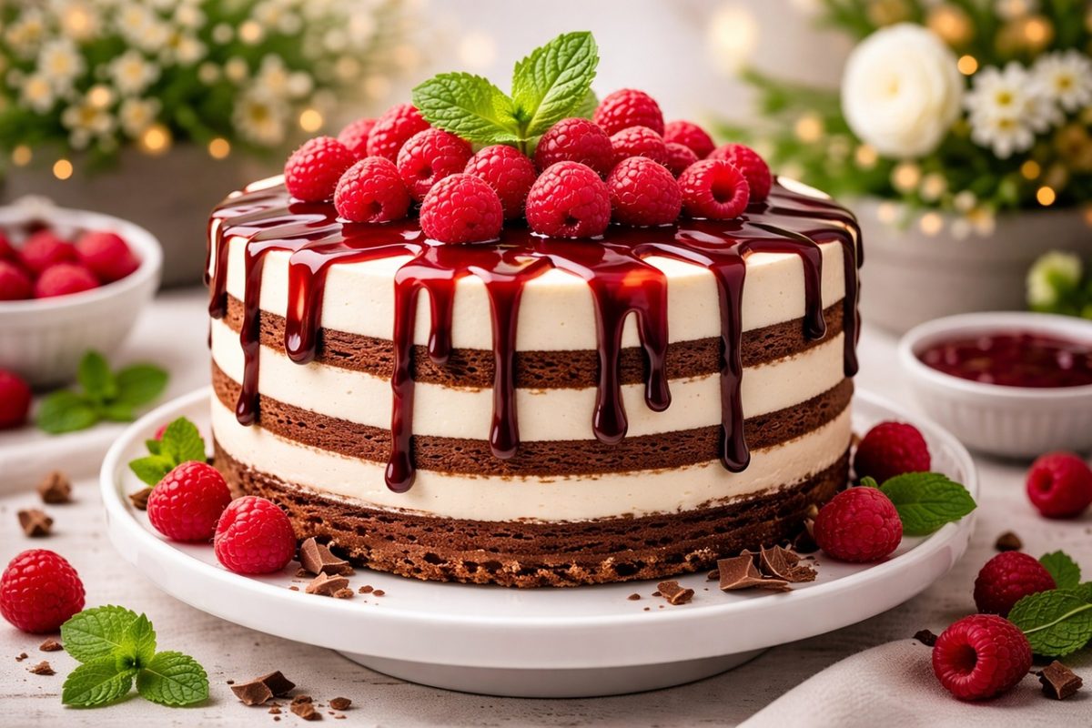 chocolate cake, raspberries, chocolate glaze, mint, birthday cake, baking, sweet, layer cake, decoration, chocolate pieces, fresh fruit, festive, dessert, refreshment, food, sweets, pudding tart, red sauce, delicious, chocolate dessert