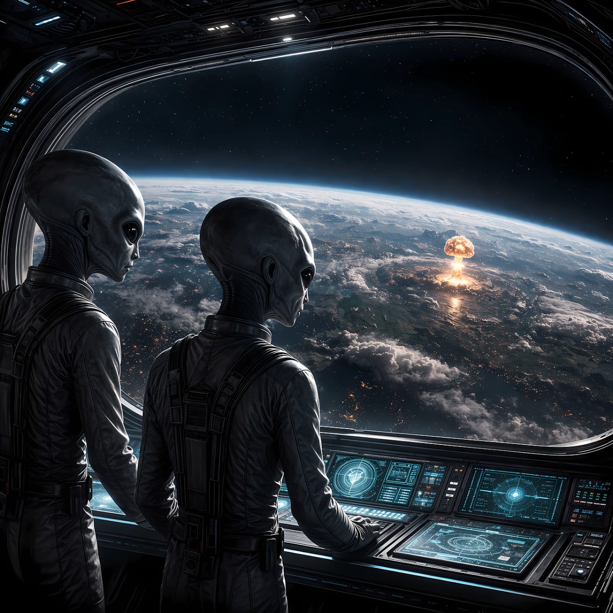 alien, ufo, watcher, nuclear explosion, mushroom cloud, spaceship, earth, window, space, alien technology, space scene, observation, sci-fi, technology, war, disaster, galaxy, science fiction, apocalypse, space perspective, futuristic view