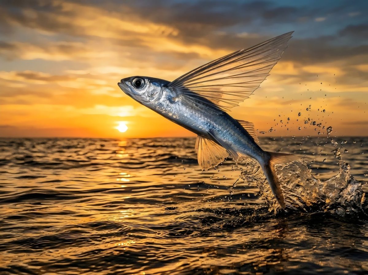 flying fish, ocean waves, sunset, nature, wildlife, movement, water, dawn, freedom, warm colors, water splash, golden, action, marine life, lizard, horizon, energy, reflection, aerial, sky, orange