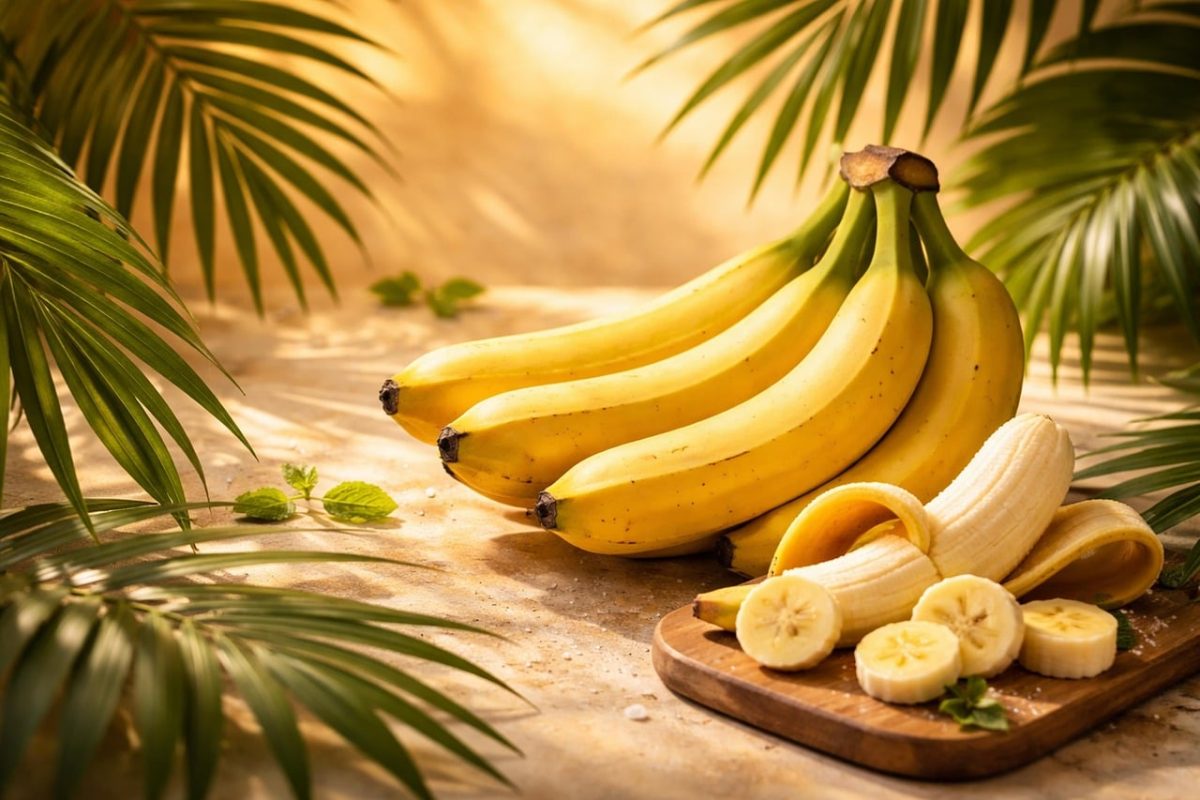 bananas, natural light, wood carving, ripe fruit, palm leaves, exotic fruit, healthy eating, fresh produce, banana slice, summer atmosphere, green plant, kitchen table, casual setting, yellow color, nutrition, sliced fruit, organic food, decorative leaves, raw food, vitamin c