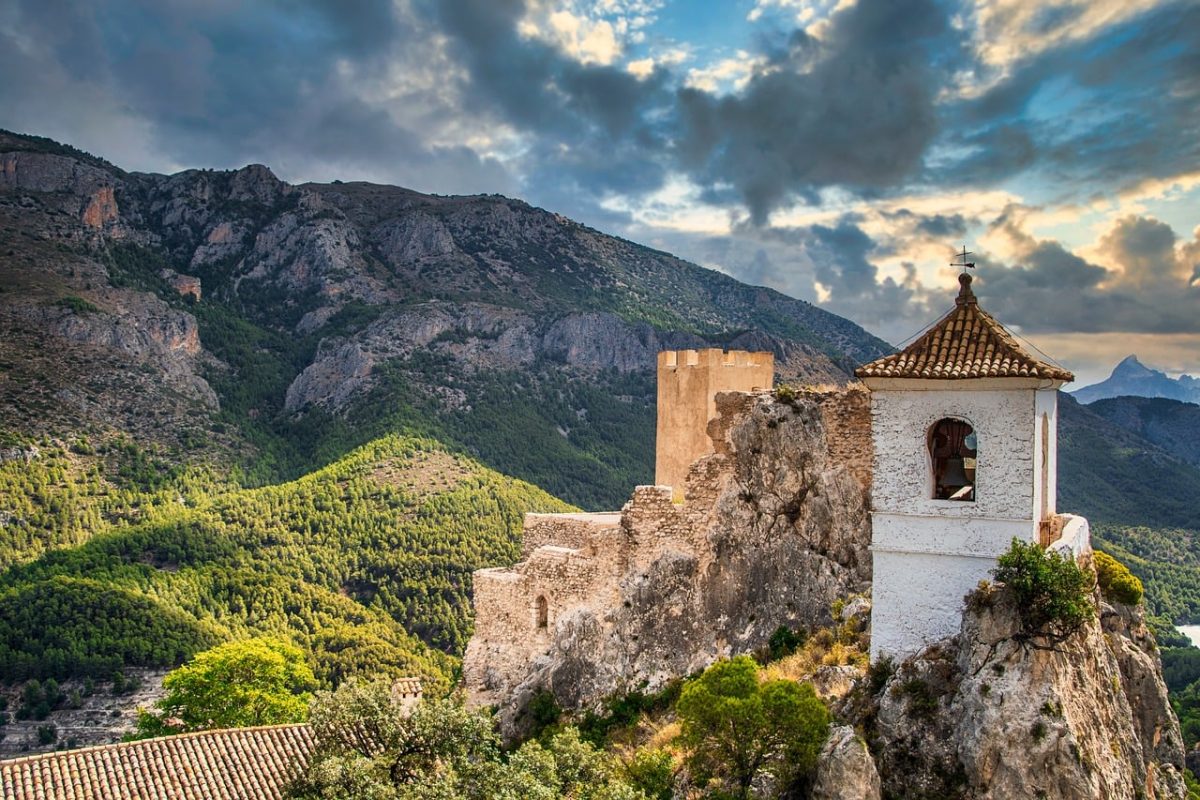 castle, tower, landscape, nature, mountains, clouds, belltower, ancient, medieval, ruin, history, trees, panorama, blue sky, light, scenery, peaceful, view, castle ruin, sun