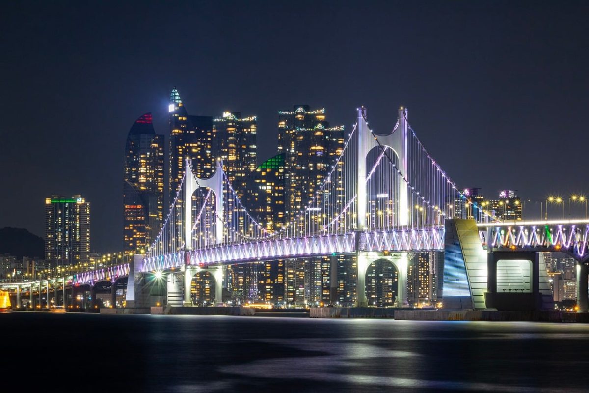 bridge, lights, city, night, sea, illuminated, skyline, south korea, gwangan bridge, nature, busan, water, skyscraper, highway, commuter traffic, tall building, distance, photography, reflection, tourism