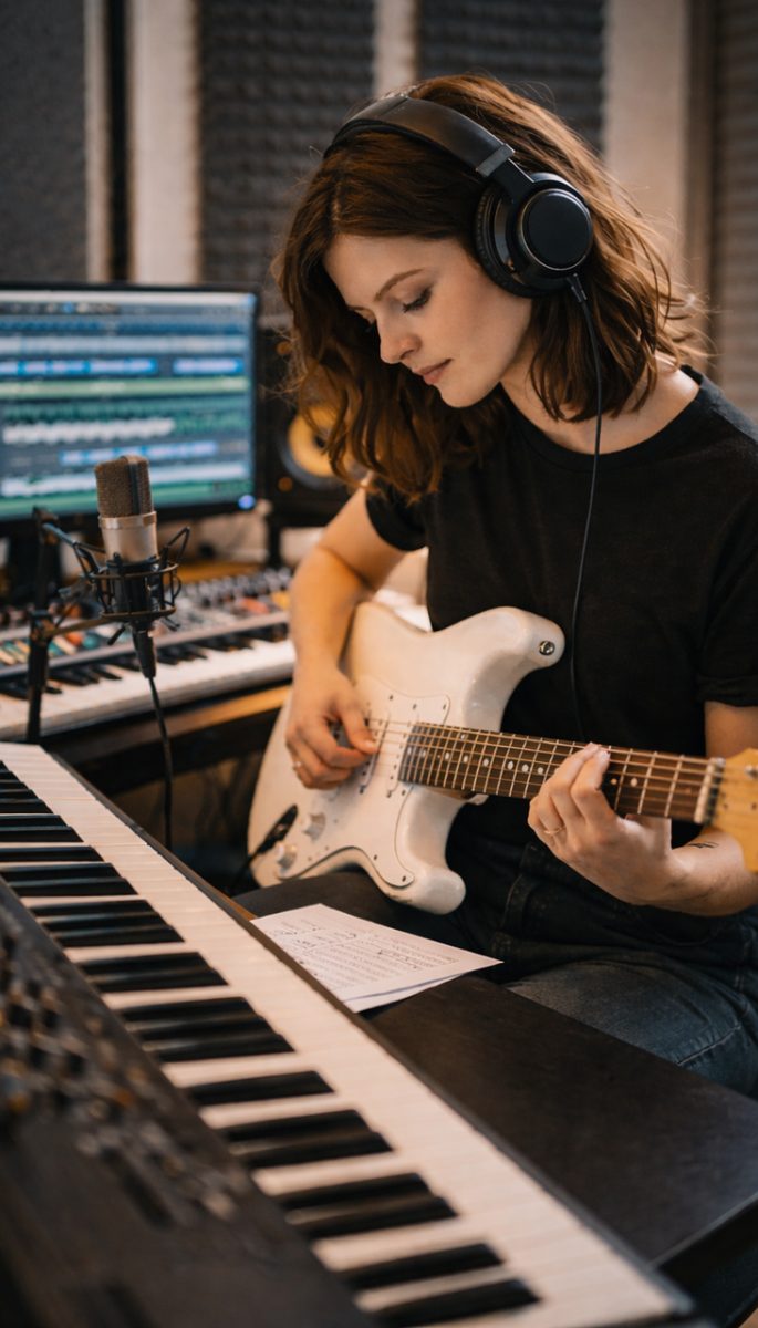 female musician, electric guitar, home studio, recording studio, music production, songwriting, music creation, keyboard, digital audio workstation, studio equipment, microphone, headphones, audio recording, sound engineer, creative process, musician workspace, modern studio, audio editing, vertical composition, musical instrument