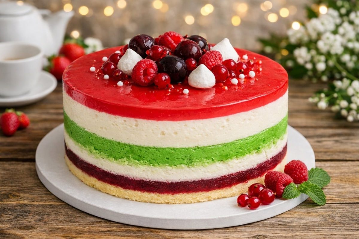 cake, summer, fruit, strawberries, raspberries, cherries, berries, decoration, cream, white, red, green, natural light, wood, decorative, food, celebration, fresh, baking, nature, topping