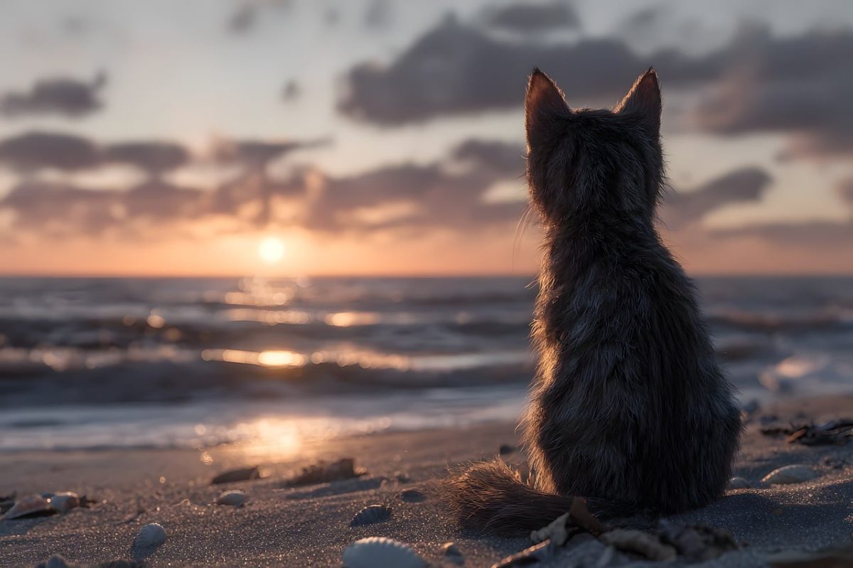 cat, beach, sunrise, pet, animal, ocean, sand, calm, clouds, nature, horizon, relaxation, reflection, melancholy, dusk, serenity, meditative, sunset, escape, scenery